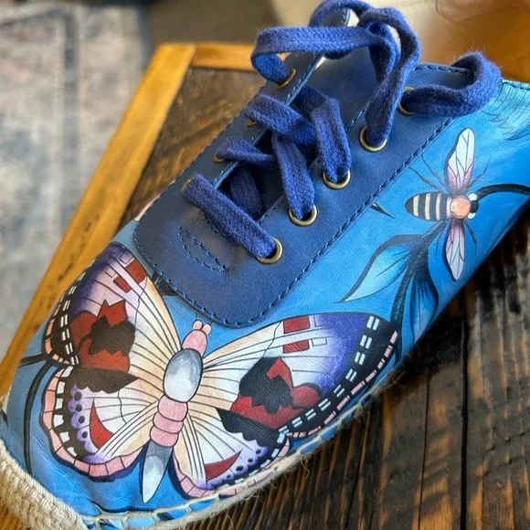 Anuschka Blue Floral & Butterfly Espadrille  Sneakers Boho Art Wear Hand Painted - Picture 3 of 9